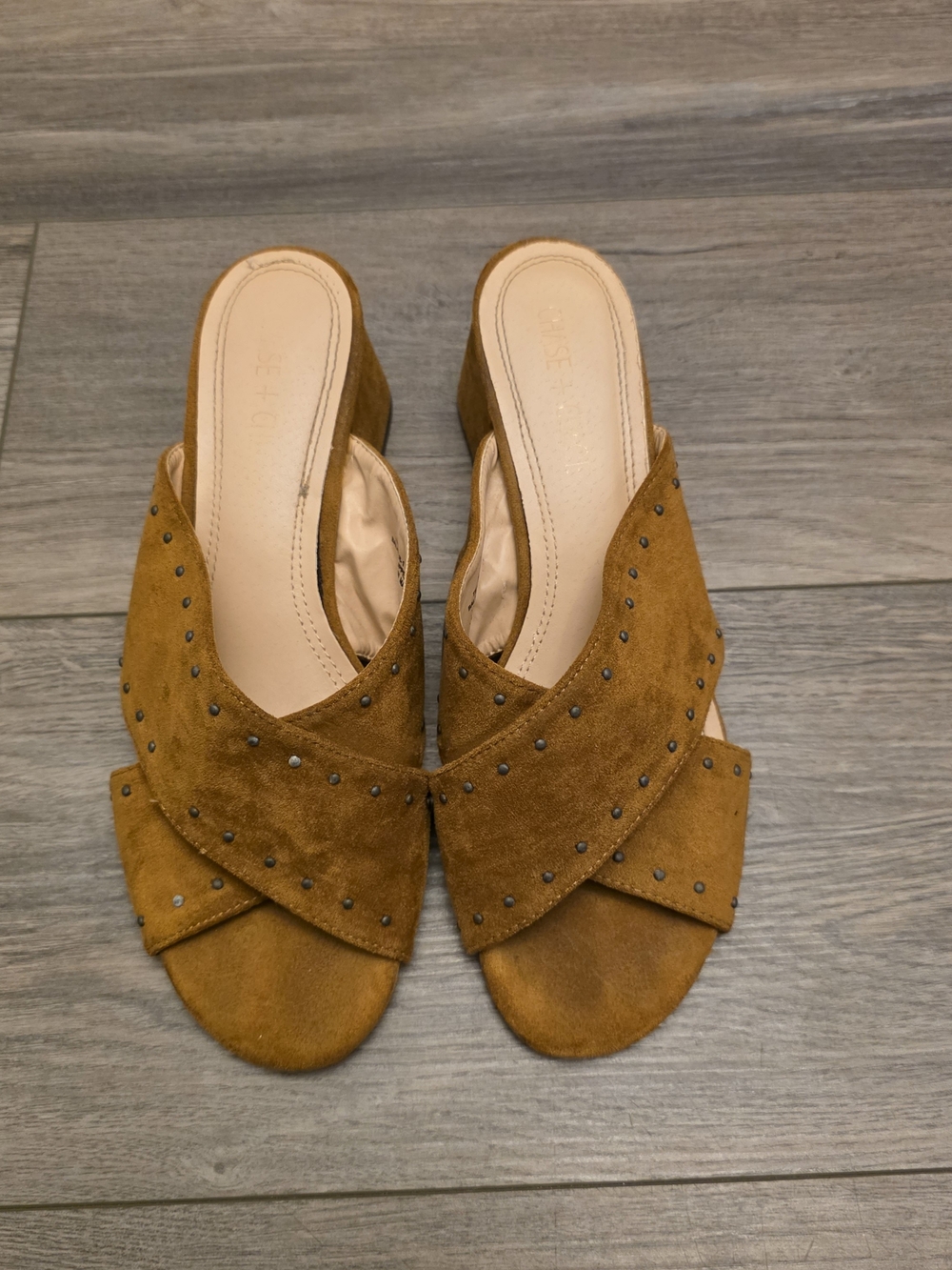 Suede Crisscross Slide Sandals in Mustard with Stud Accents